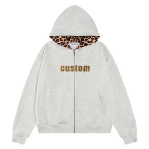 ผู้ผลิตเสื้อฮู้ดดี้ผู้ชายแบบซิป สไตล์บ็อกซี่ ฟิต ทรงใหญ่ ลายเสือดาว/เสือชีตาห์  แบบมีรอยขาด  ไม่มีภาษีในสหรัฐอเมริกา - Product Image 1