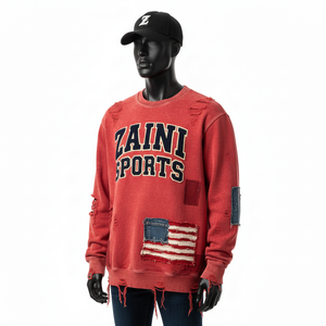 Sweat-shirts en molleton lourd 360 GSM, style vintage délavé rouge, patchwork, logo personnalisé, broderie chenille, basiques - Product Image 4