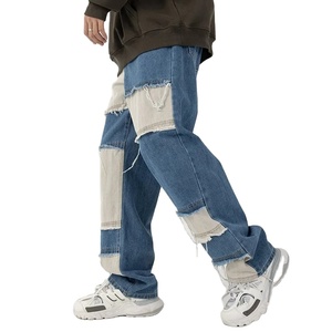 Pantalones vaqueros de mezclilla con adornos negros azules con perlas, pantalones vaqueros rectos ajustados apilados para hombres, pantalones al por mayor, logotipo de diseño personalizado - Product Image 3