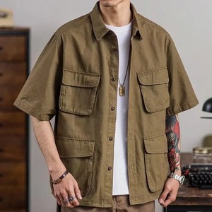 Camisa de Trabajo de Verano para Hombre, Estilo Americano, Informal, Color Caqui, Cinco Bolsillos, Manga Corta, Tejida, Antiarrugas, con Bolsillos - Product Image 2