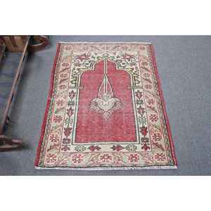 Alfombra Turca Vintage de 2.9x3.7 pies, Alfombra Pequeña, Alfombra de Lana Roja - Product Image 1