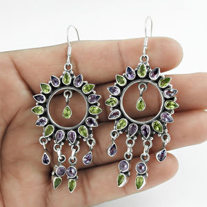Boucles d'oreilles Boho en argent sterling massif 925 avec pierres précieuses en améthyste semi-précieuse naturelle et péridot - Product Image 3