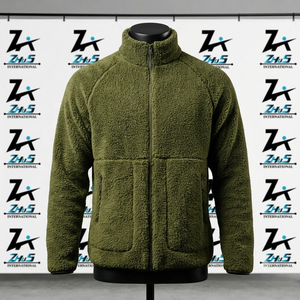 Veste en polaire sherpa vert olive pour homme, col montant, fermeture éclair, vêtements d'extérieur décontractés chauds pour l'hiver, vestes sherpa pour homme - Product Image 1