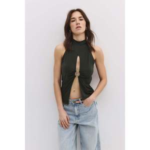 Blusa Casual con Cuello Halter, Escote Bajo, Detalle de Volantes, Frente Abierto, Larga y Holgada, Disponible en Seda, Algodón y Tejido, para Mujer, Otoño, Primavera, Talla XL - Product Image 3