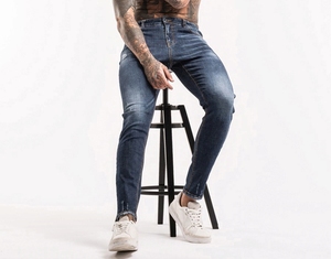 Venta al por mayor de pantalones vaqueros azules de corte recto de cintura media para hombre desgastados rasgados estiramiento suavizante ecológico transpirable High Street - Product Image 6