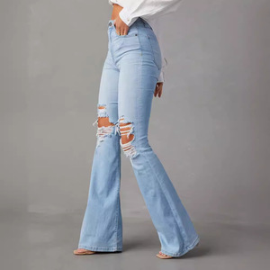 Vaqueros acampanados de cintura alta para mujer, estilo urbano europeo y americano, a la moda, con rodillas rasgadas - Product Image 2