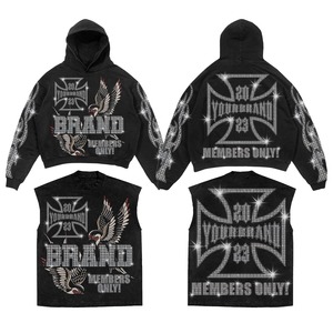 Ensemble survêtement de luxe pour homme, lavage à l'acide personnalisé, strass, 100% coton, avec poches, sweat-shirt et pantalon de survêtement d'hiver - Product Image 5