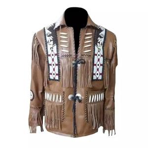 <b>Top</b> High Quality Best Selling Men Western Style <b>Fringed</b> & Beaded Black Color Tassels Cowboy Leather Jacket - Product Image 4