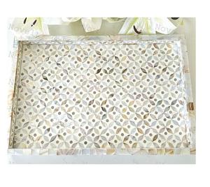 Plateau de service en bois écologique en six pièces, ensemble de sous-verres à poignée en nacre avec motif floral et perles décoratives, plateau en bois - Product Image 2