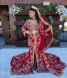 TRENDY DESIGNER 2025 SILK CAFTAN TRAIL VEIL DRESS in MAROON-<b>RED</b> EMBELLISHED CRYSTAL GLASS BEADS DABKA WORK for PARTIES/<b>WEDDINGS</b> - Product Image 1
