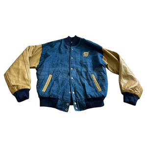 Hot Sale Winter <b>Leather</b> <b>Jeans</b> Varsity Jacket with Front Logo Durable Eco-Friendly Material and Bold Two-Tone Athletic Styling - Product Image 1