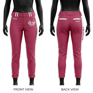 Pantalons de baseball pour femmes, qualité supérieure, tissu polyester et élasthanne 240 GSM, couleur rose avec panneaux latéraux blancs, logo imprimé personnalisé - Product Image 1
