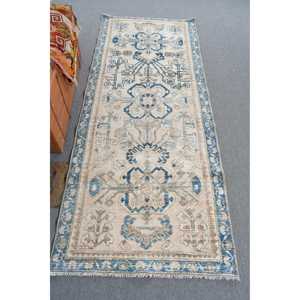 Alfombra Turca Vintage de 3.2x8 pies, Alfombra de Pasillo, Alfombra con Puntos Azules - Product Image 1