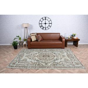 Vintage Large Rug 5.6x8.4 ft, Gray <b>Brown</b> Bordered Rug <b>Wool</b> - Product Image 1