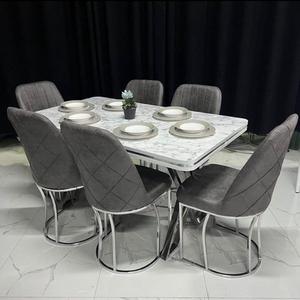 Modern Extendable Dining Table Set <b>6</b> <b>Chairs</b> Tempered Glass Top Metal Legs Chipboard Construction Eco-Friendly Durable Handmade - Product Image 1