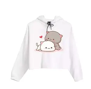 Women's Fabric Digital Cat Print White Crop Top Casual Solid Hoodie Neck Long Sleeve Stylish
