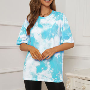 Nuevo estilo para mujer, camisetas de manga corta con cuello redondo y tinte de corbata, ajuste cuadrado, logotipo bordado personalizado, patrón sólido, camisetas de talla grande para mujer - Product Image 1