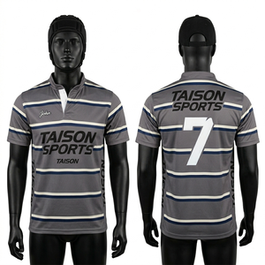 Maillot de rugby pour homme, haute qualité, tissu polyester 210 GSM, respirant et anti-humidité, gris, bleu marine, panneaux rayés blancs, logo personnalisé imprimé. - Product Image 1