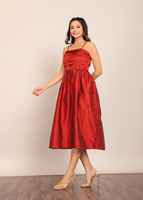 Gaun Midi Maroon Model Bust Fitted Lengan Panjang Bahan Taffeta untuk Musim Panas, Gaun Pesta Modis Gaya Barat Satu Potong untuk Wanita
