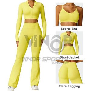 Ensemble d'entraînement 3 pièces pour femmes sans couture taille haute Leggings évasés soutien-gorge de sport et veste zippée pour Gym Yoga et vêtements de sport - Product Image 2