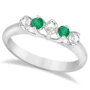 14K White Gold Fine <b>Jewelry</b> <b>Set</b> Five Stone Diamond and Emerald <b>Bridal</b> Ring (0.98ct) - Product Image 1