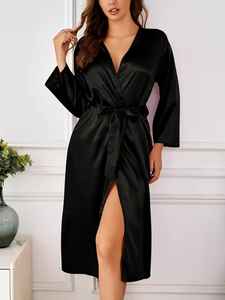 Nuevo Diseño, Bata de Satén de Seda hasta la Rodilla para Mujer, Talla Grande, Cómoda, Transpirable, Suave, Ropa de Casa, Bata de Baño, Logotipo Personalizado - Product Image 4