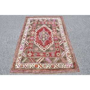 Tapis en Latex de Laine Turque Vintage 3.9 X 6.1ft Classique Rouge Brun Grande Surface Patchwork pour Adolescents Forme Rectangulaire Design Abstrait - Product Image 1