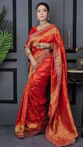 Hermosa tradicional suave Dola seda rojo Saree última blusa elegante exclusiva étnica elegante fiesta boda ropa nupcial para mujeres - Product Image 3