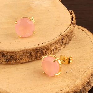 Pendiente de tuerca de Calcedonia Rosa facetado redondo de 10mm, hecho a mano, Juego de puntas chapadas en oro de 24k, joyería geométrica para mujer - Product Image 5