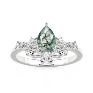 Jeulia Elegant Vintage Vine Pear Shaped Moss Agate Engagement <b>Ring</b> - Product Image 2