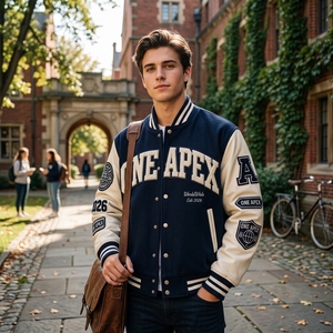 Custom ONEAPEX International Navy Blue White Varsity Letterman <b>Baseball</b> Chenille <b>Jacket</b> Wool Leather Sleeve Hooded OEM ODM - Product Image 5