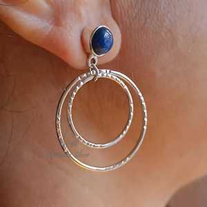 Pendientes de Aro Doble de Plata de Ley 925 con Lapislázuli, Pendientes Colgantes Hechos a Mano con Piedra Preciosa Azul Natural, Cuarzo Único - Product Image 4