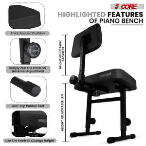 5 Core Piano Bench 3 Padded Cushioned <b>Stool</b> w Backrest Heavy Duty Musician Chair <b>Height</b> <b>Adjustable</b> - Product Image 4