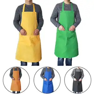 Celemek kerja dapur 100% katun uniseks, celemek panggangan pencuci piring BBQ kustom