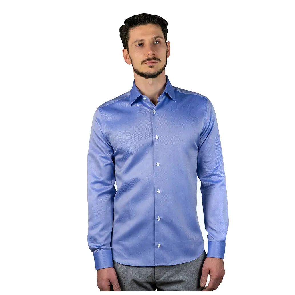 Chemise homme 100% en coton sergé bleu de haute qualité suivant la tradition Made in Italy export