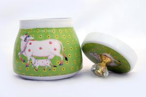 Tapa de olla de cerámica de diseño tradicional indio de lujo, contenedor de almacenamiento decorativo multiusos pintado a mano para botellas de almacenamiento, tarros - Product Image 6