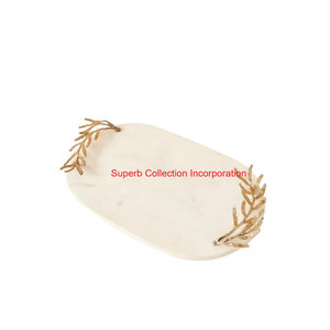 Plateau de service en marbre naturel blanc fabriqué à la main en laiton doré fleur Design poignée plateau rectangulaire décoratif de luxe pour la décoration intérieure - Product Image 3