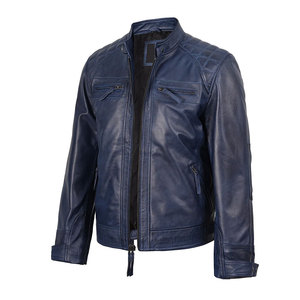 Chaqueta de invierno con cremallera y botones de manga larga ajustada de cuero azul claro suave para hombre precio al por mayor con lona impermeable y transpirable - Product Image 2