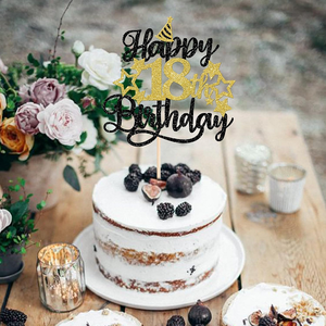 Celebrate Turn Eighteen With Glitter 18th Birthday Cake Topper con sombrero de estrella perfecto para adultos y fiesta de aniversario - Product Image 1