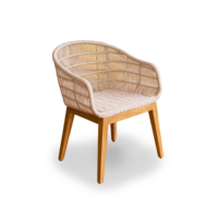 Chaise de salle à manger moderne en rotin avec pieds en teck et assise rembourrée pour hôtel, restaurant, patio, ferme et villa, utilisation en extérieur