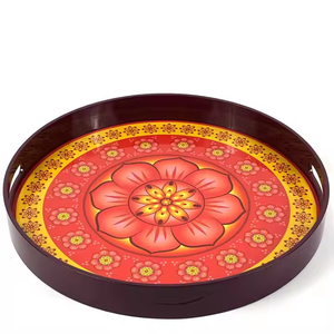 Plateau rond en laque MDF avec impression de mandala floral jaune rouge Plateau de service décoratif en bois fait à la main pour la maison et la cuisine - Product Image 1