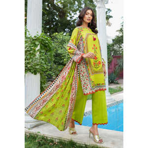 Conjunto de Traje Holgado de 3 Piezas para Mujer, Transpirable, Bordado a Mano, Estampado, Khaddar, 100% Algodón, SD-52243 - Product Image 3