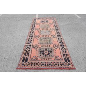 Alfombra de lana turca Vintage de 44x108 pies, tradicional naranja, azul, de inspiración oriental, área decorativa, Alfombra tejida de retales de látex - Product Image 1