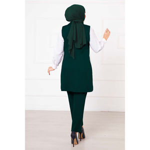 Conjunto de Chaleco Largo y Blazer Esmeralda con Cuello de Pañuelo, Doble Botonadura, Estilo Casual, Tejido de Algodón y Spandex, Talla XL para Verano y Otoño - Product Image 4