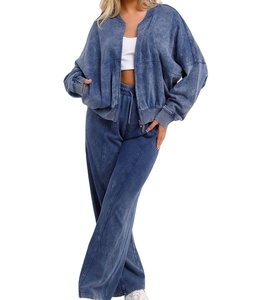 Chaqueta Bomber lavada a la piedra con cremallera y Joggers Loungewear Set Azul Trajes de 2 piezas para mujer Conjunto de chándal Trajes de chándal 2026 - Product Image 1