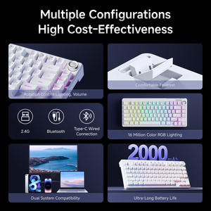 <span class=keywords><strong>Clavier</strong></span> à membrane EWEADN F75 à connexion tri-mode, sans fil 2,4 GHz, rétroéclairage RVB, interrupteurs Gateron, touches translucides ABS, pour jeux - Product Image 3
