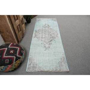 Alfombra Turca de 2.7x7.5 pies, Alfombra Vintage, Alfombra de Lana a Rayas Azul Gris - Product Image 1