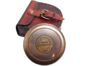 Boussole en laiton antique faite à la main dans un étui en cuir vintage, chercheur de direction de poche plat, cadeau de collection pour la décoration - Product Image 6