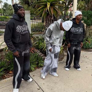 Street-Style Custom Serigrafía con rayas Jogger Fully Rhinestones Flared Sweatpants Acid Wash chándal para hombres - Product Image 6