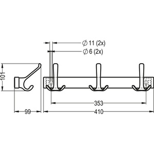 Wall <b>Hook</b> <b>Rail</b> 3 <b>Hooks</b> 96mm Projection Silver Anodized Light Alloy 102mm Height HERMETA - Product Image 4